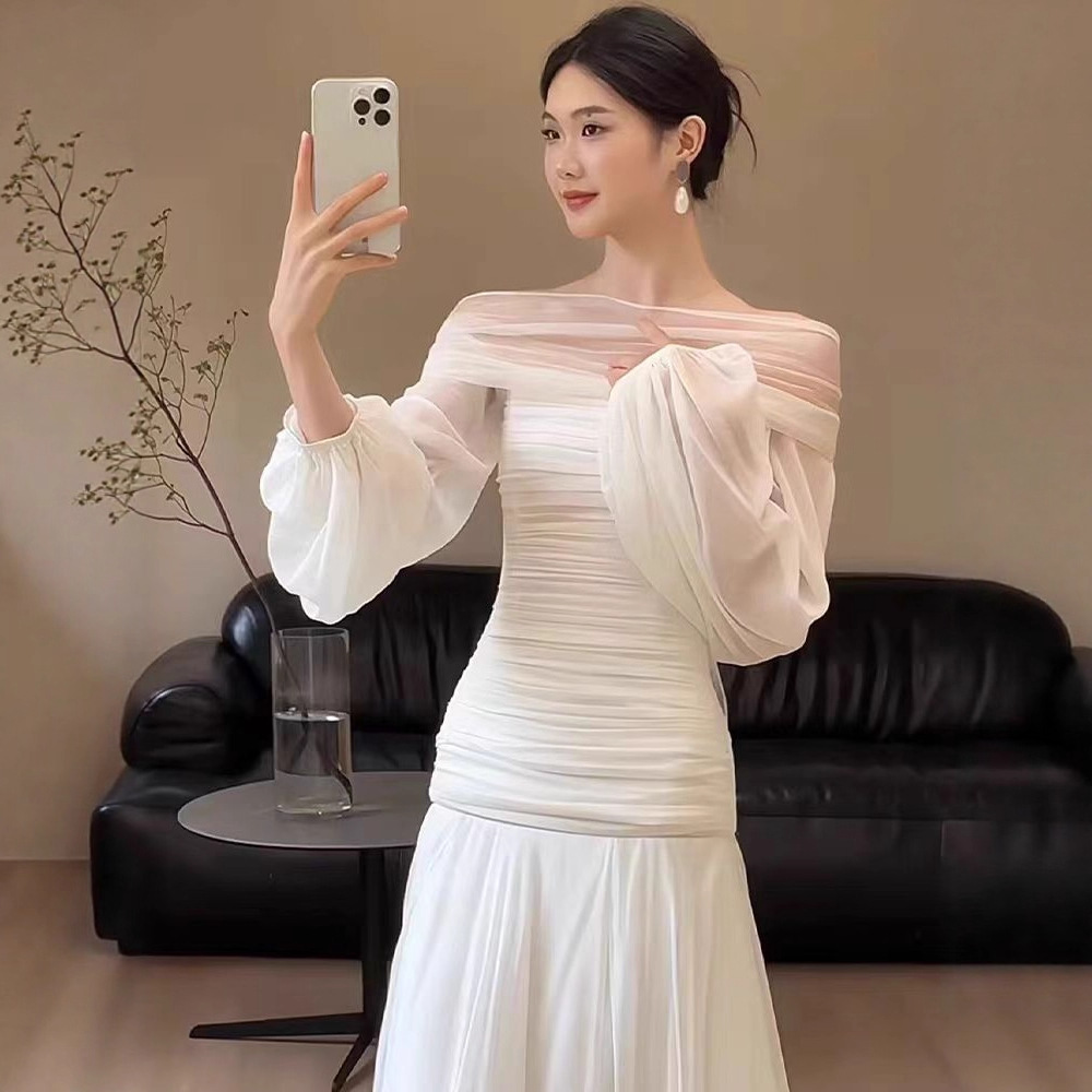 French-Style White Off-Shoulder Long-Sleeve Bridal Gown, Fairy-Like Morning Robe for Wedding Reception, Simple Evening Dress