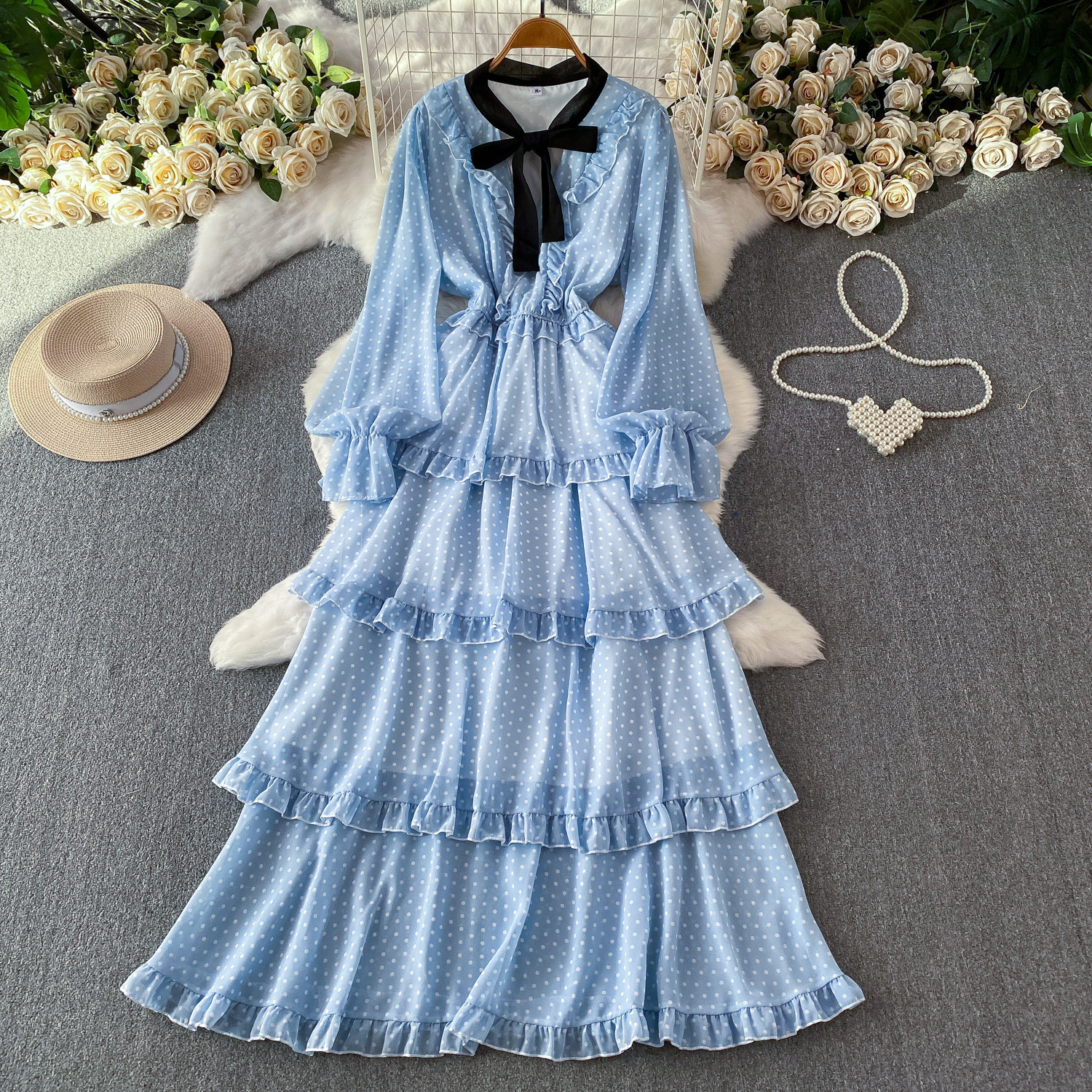Women's French Sweet Color Block Bow V Neck Long Sleeve Dress Summer Polka Dot Ruffle Hem Elegant Long Skirt_ecoleips.com