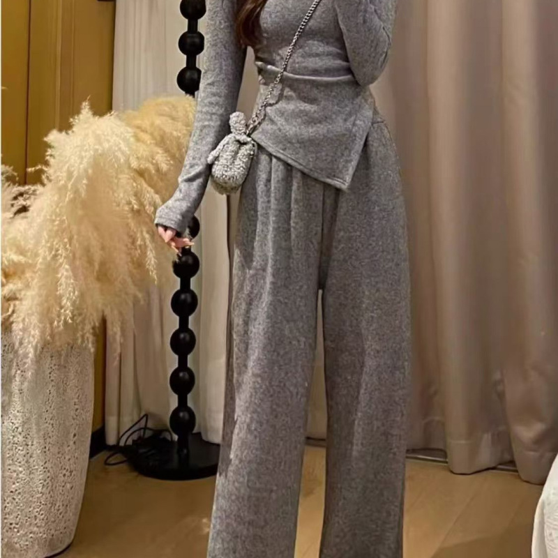 不规则纯色修身上衣女时尚百搭套装女春秋高腰阔腿长裤休闲两件套|undefined