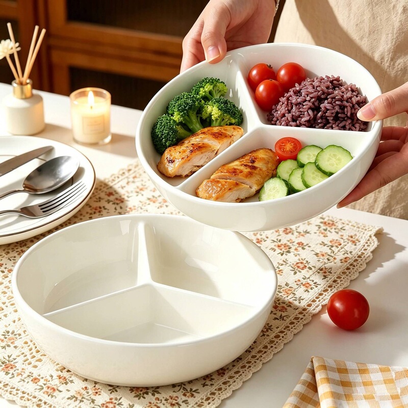 Low-fat, portion-controlled three-compartment divider plate, imitation ceramic, high aesthetic value, household plastic light food plate, fruit and vegetable plate Low-fat, portion-controlled three-compartment divider plate, imitation ceramic, high aesthetic value, household plastic light food plate, fruit and vegetable plate
