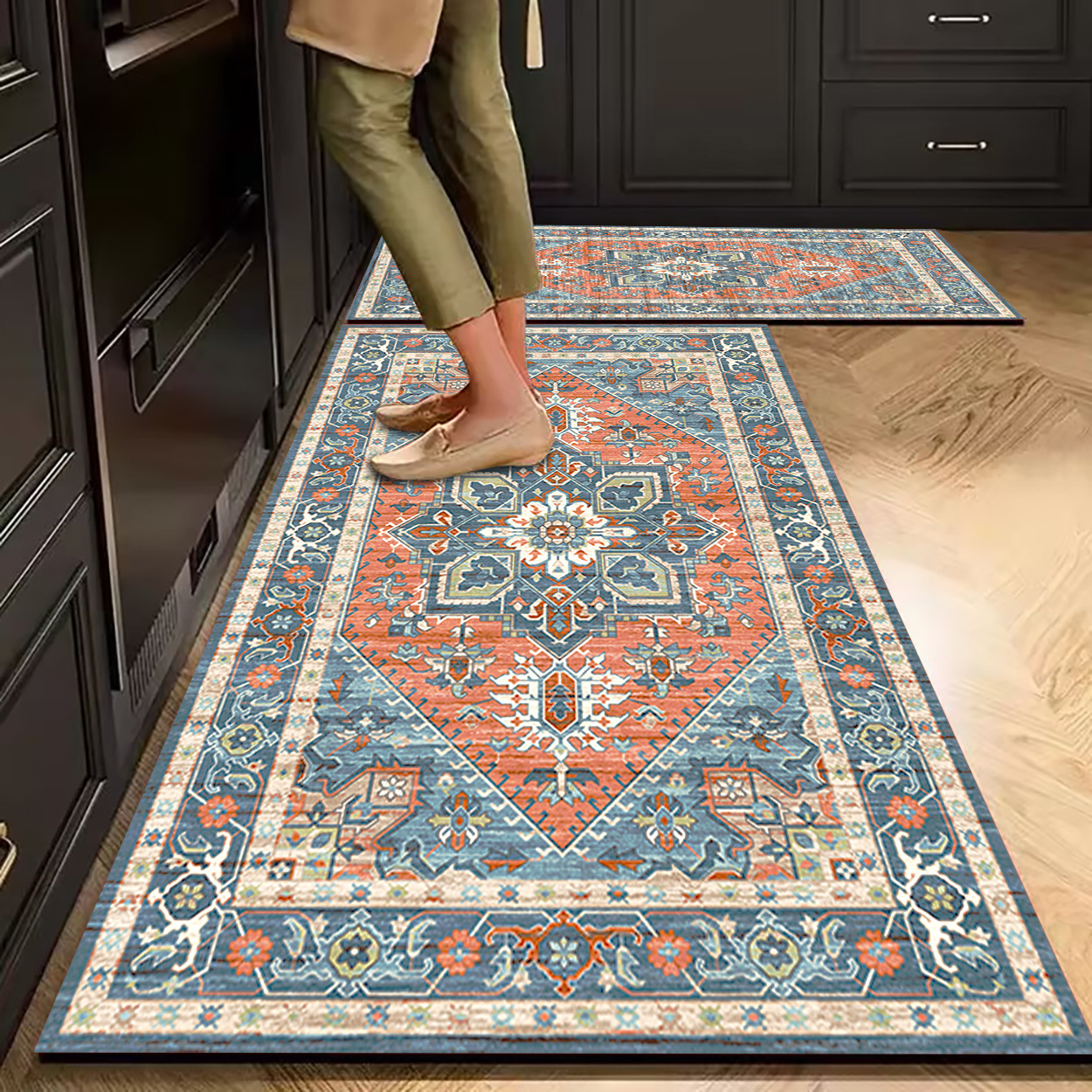 국경 간 레트로 주방 특수 매트 물 흡수 오일 흡수 스트립 매트 더러운 저항하고 씻을 수있는 페르시아 주방 발 매트