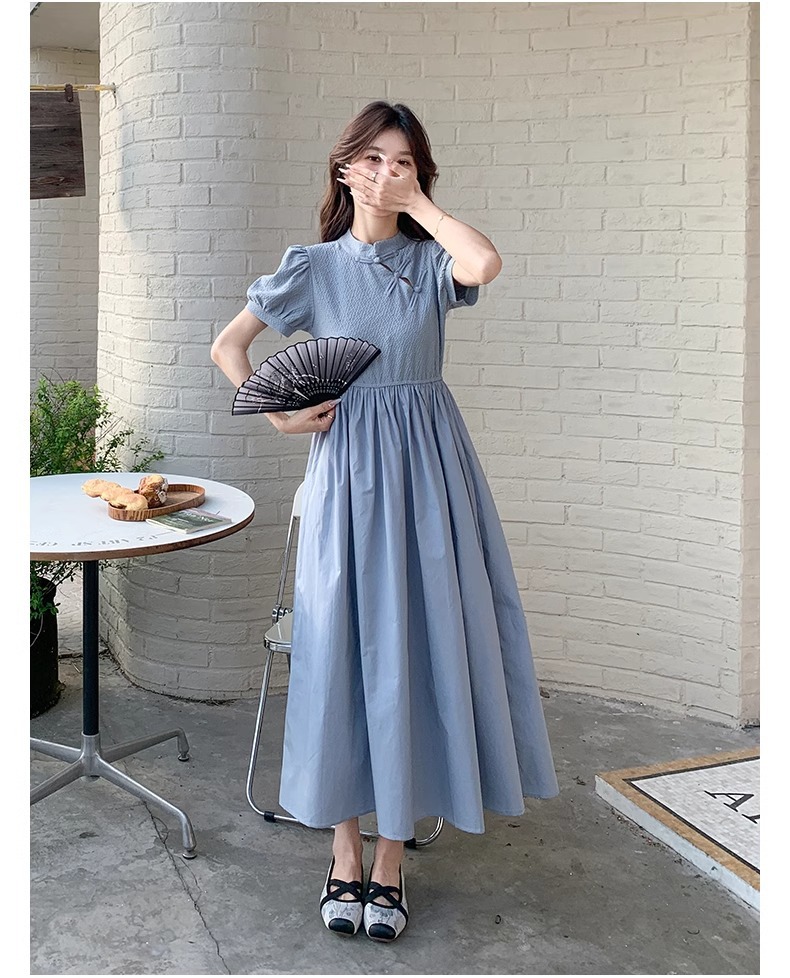 Blue Chinese Style For Women, Summer 2025 New Model, Improved Cheongsam, Elegant And Slimming Long A-line Dress_ecoleips.com