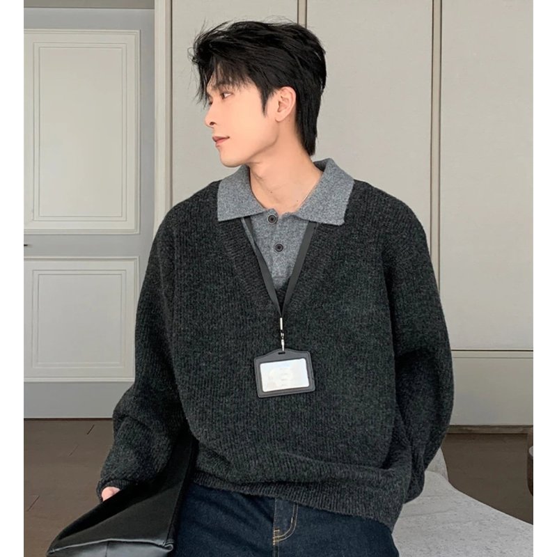 American Retro Fake Two-Piece Lapel Knitwear Men's Autumn and Winter Lazy Style High-End Cleanfit Inner Knitwear