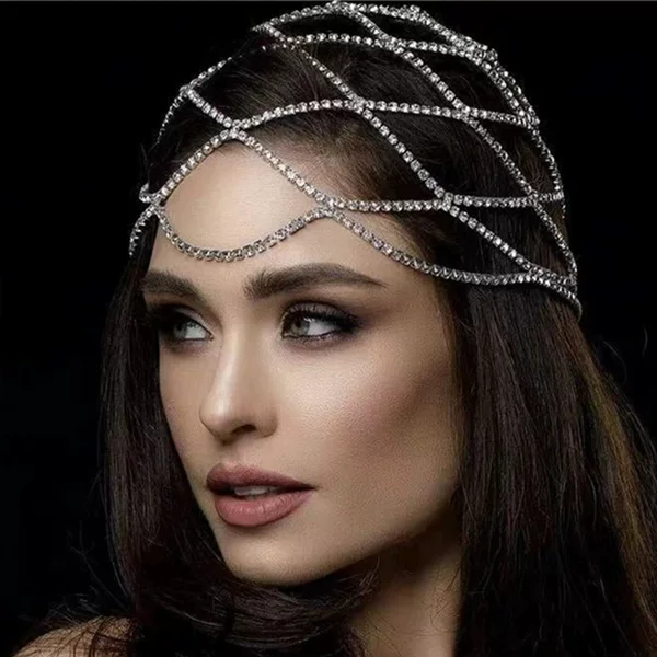 Cross-border Explosions Fashion Mesh Headwear Super Flash Rhinestone Forehead Chain Bridal Wedding Accessories Full Diamond Hair Headwear