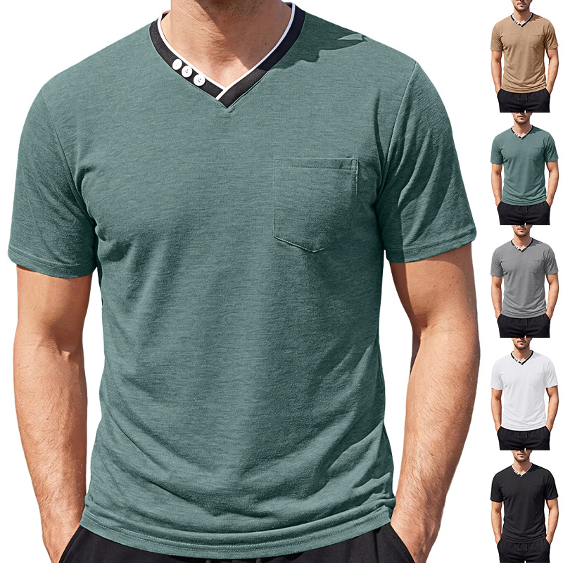Transfronterizos eBay verano nuevo hombre color contrastante cuello V camiseta delgada grande americano con bolsillo casual deportivo mangas cortas