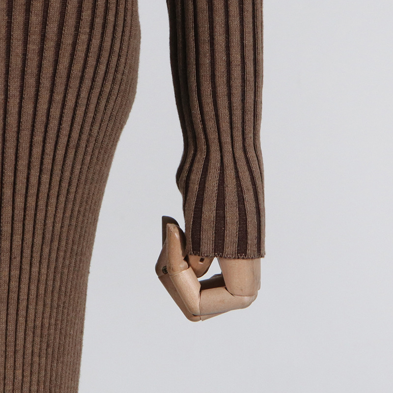 Long Dress Autumn Pocket Belt Design Waist Tight Slimming Knitted Dress Women
