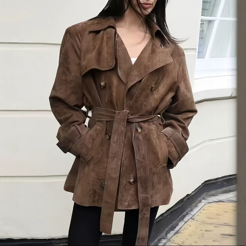 Retro-style trench coat with a brown tie-waist design, short-length jacket for women, 2026 spring new casual coat Retro-style trench coat with a brown tie-waist design, short-length jacket for women, 2026 spring new casual coat