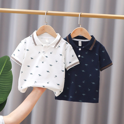  new summer Korean style children's polo solid color full printed lapel men's and large children's printed short-sleeved tops T-shirt