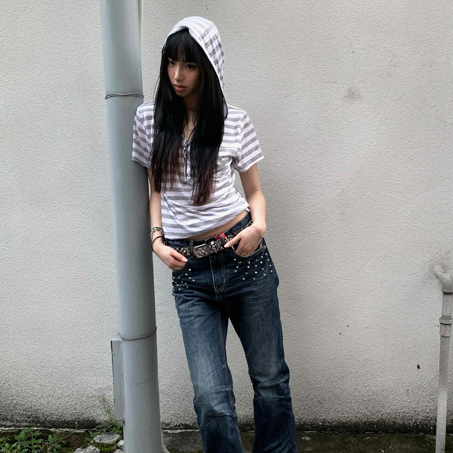 韩系半开领条纹短袖t恤女夏季修身显瘦设计感百搭慵懒休闲上衣潮
