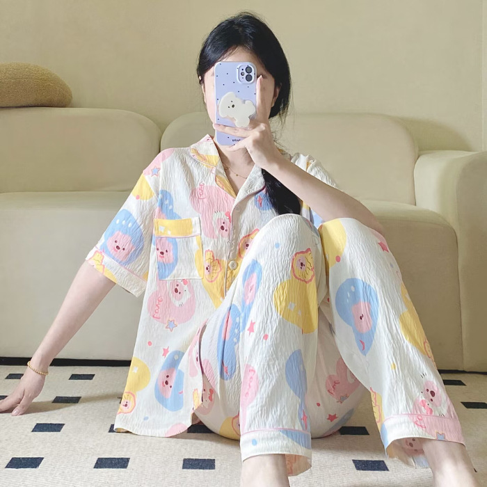 Verano nuevo pijama de amor mujer adorable oso simple ocio delgado nubes algodón ropa doméstica dos piezas conjunto al por mayor