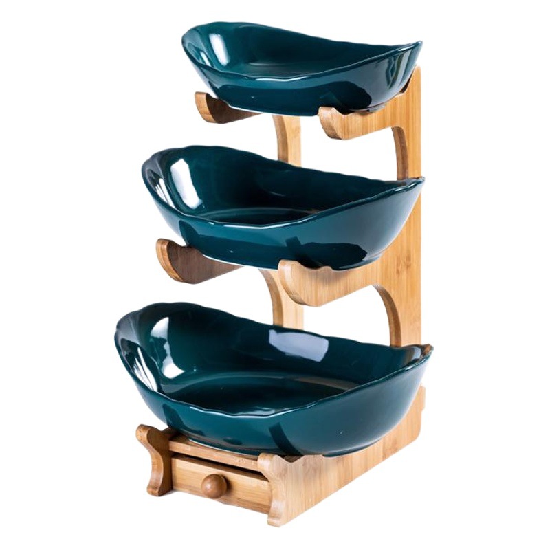 Nórdico simple cesta de frutas creativo de doble capa de múltiples capas plato de fruta con cajón de cerámica placa de fruta seca estante de bambú hogar plato de aperitivos