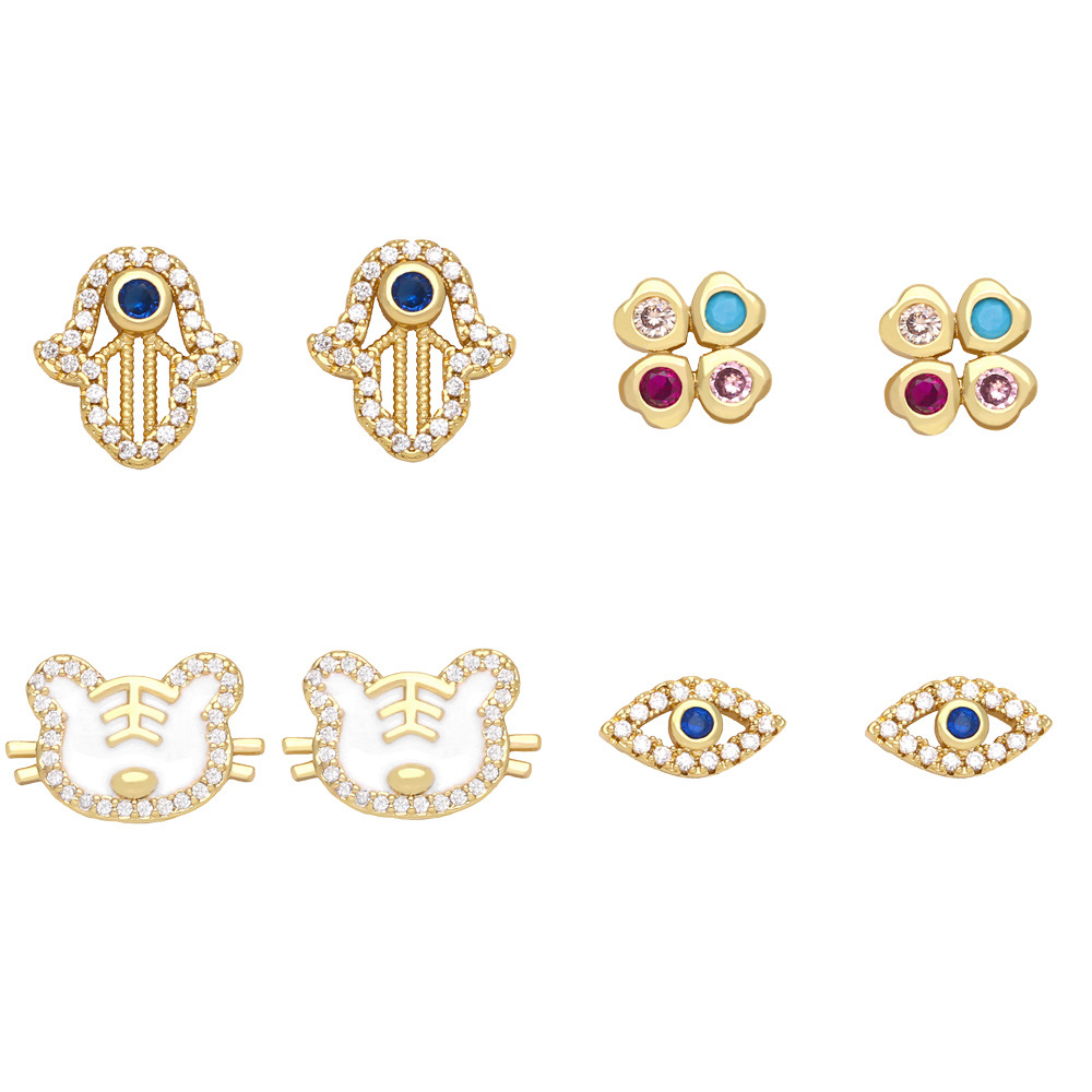 retro color zircon four-leaf clover eye palm copper 18K gold-plated earrings