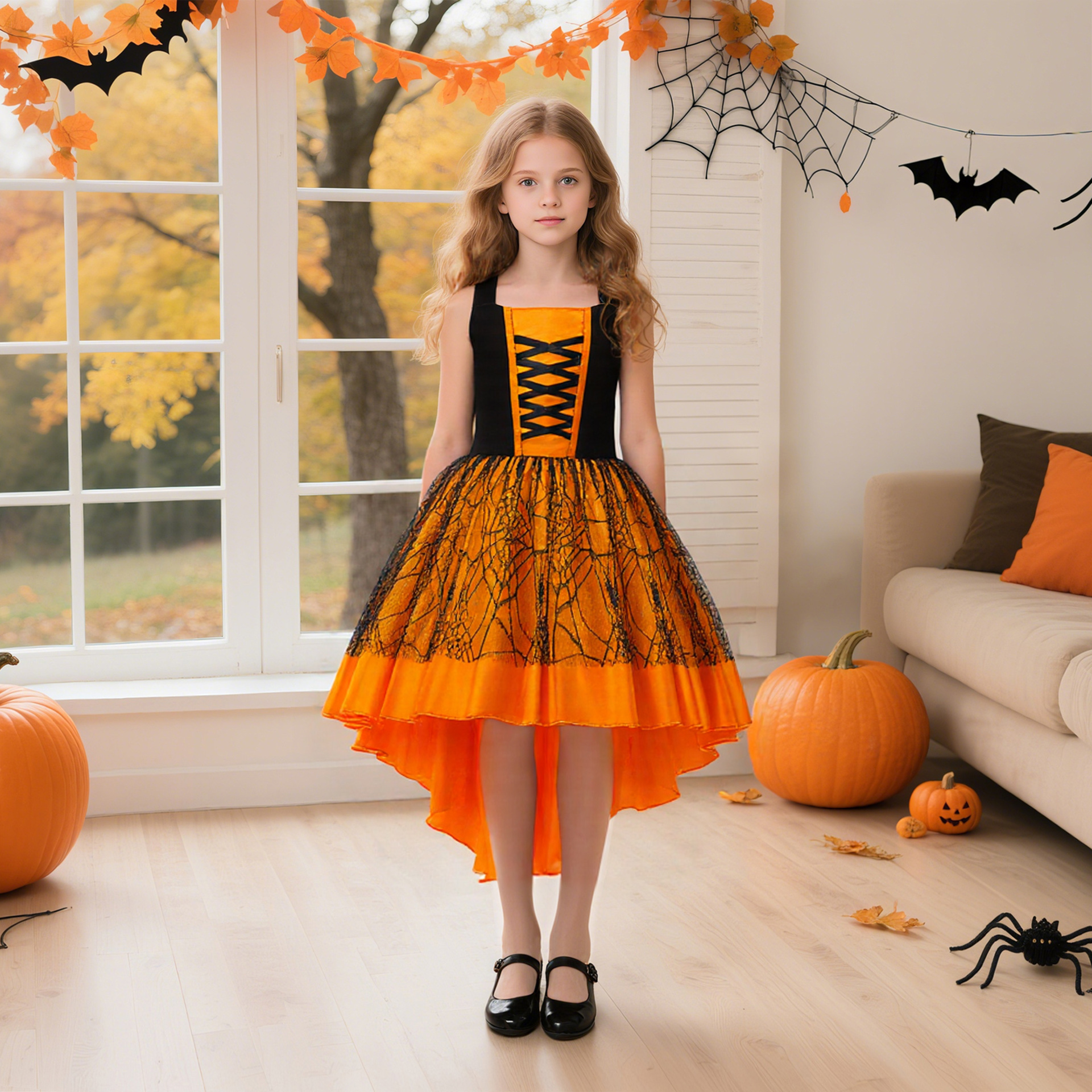 Halloween trajes de niños naranja bruja cosplay rol de bruja cola de golondrina calabaza ping-pong vestido