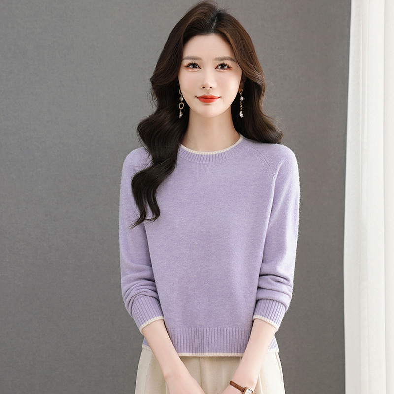 圆领短款拼色针织衫打底衫2025年新款秋冬时尚毛衣打底衫年轻上衣，女装针织衫/毛衣，妃慕昵服饰