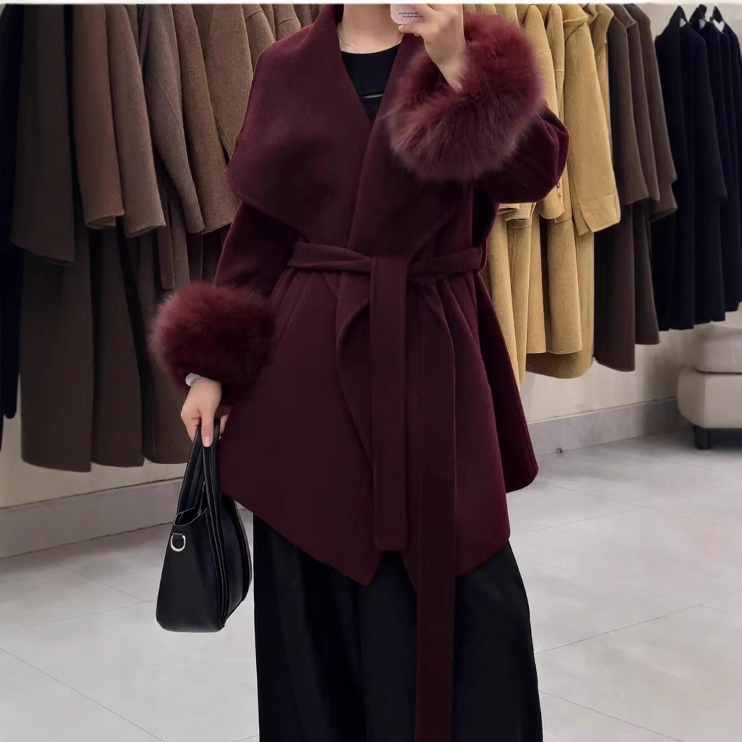 Mid-Length Fox Fur High-End 2025 Autumn and Winter New Double-Sided Woolen Coat with Tie, Fashionable and Elegant Woolen Jacket