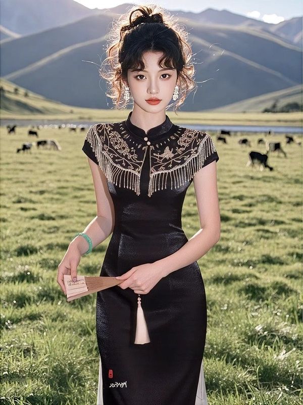 新しい中国風のチャイナドレス女性のための 2025 夏の新しいウエスト痩身ロングスカート美しい多用途スカート|undefined