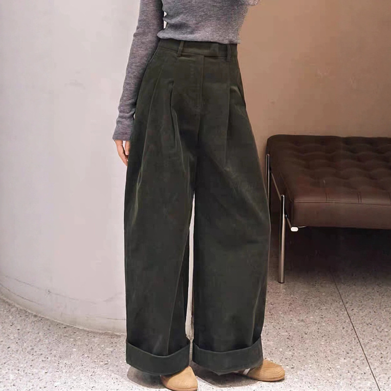 Highly Recommended! Green Straight-Leg Cuffed Casual Pants for Women, Japanese Retro High-Waisted Corduroy Wide-Leg Pants