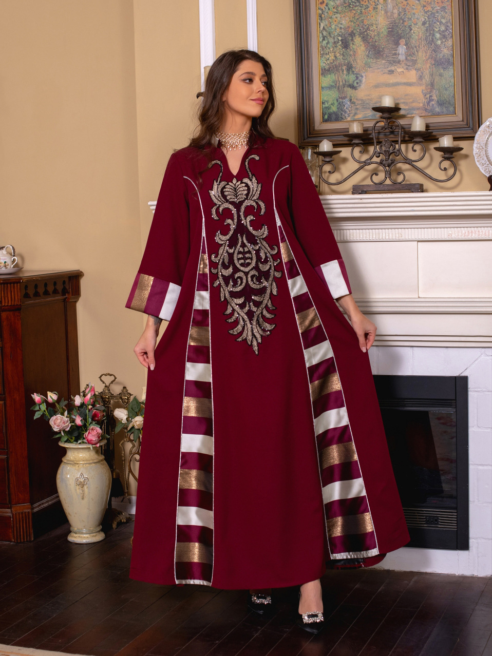 AB052跨境外贸中东女装绣花条纹abaya穆斯林阿拉伯迪拜muslim长袍详情5