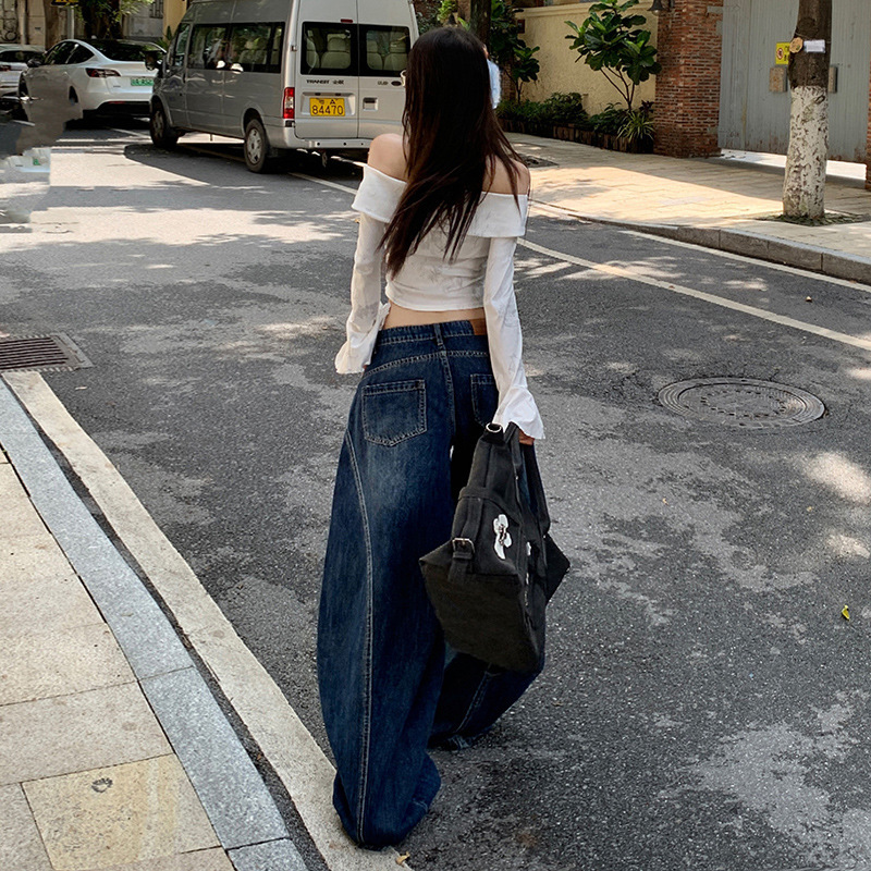 秋季深蓝复古猫抓痕弯刀牛仔裤女美式复古水洗宽松阔腿拖地裤子|undefined