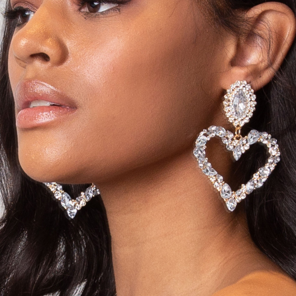 歐美跨境飾品 微鑲鋯石愛心水晶耳環 誇張個性桃心耳墜earrings