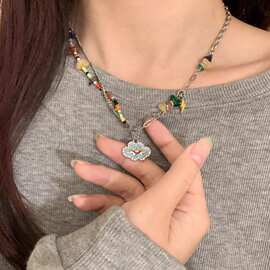 ins彩色碎石云朵项链轻奢小众女y2k千禧风串珠锁骨项链甜酷卫衣链