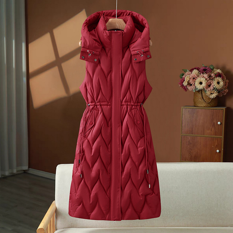 2025 comercio exterior europeo y americano largo chaleco de algodón sobre rodillas chaqueta con capuchón moda casual calentamiento hombro cintura abrazadera
