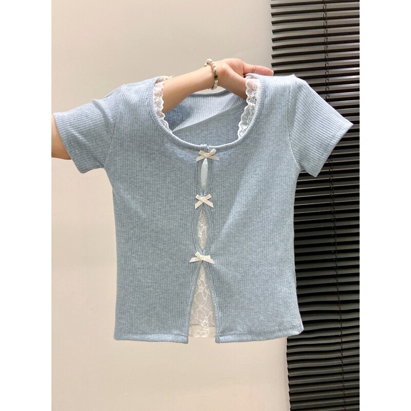 2026 Summer Korean Style Square Collar Contrasting Color Lace Bow Design Sweet Fake Two-Piece Short-Sleeved T-Shirt Short Top