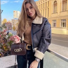 2025秋冬欧美美拉德风短款羊羔绒外套女辣妹风皮毛一体机车服上衣