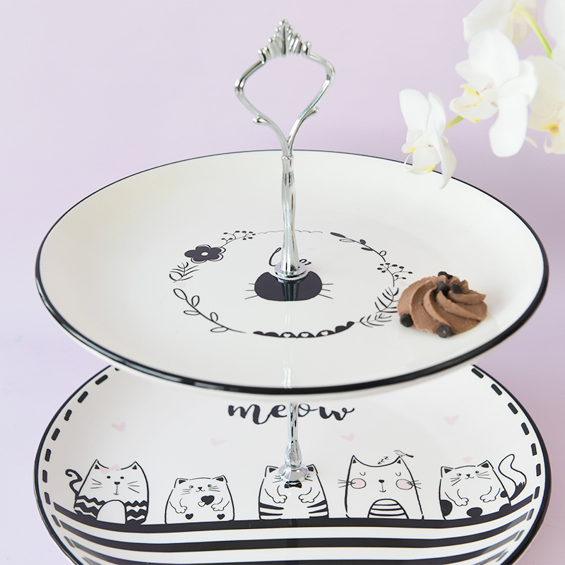 Placa de pastel de doble capa lindo gato de dibujos animados blanco y negro plato de postre diario gran mesa de comedor bola decoración social image 4