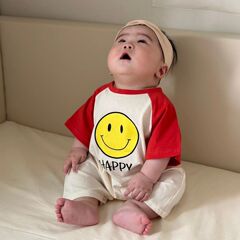 2024新品韓版新生嬰兒夏季純棉連體衣新版笑臉拼色爬爬服不含髮帶