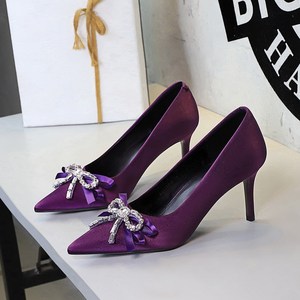 8358-AH133 French elegant and beautiful rhinestone ribbon bow, one foot stomping silk thin heel high heels, single shoes