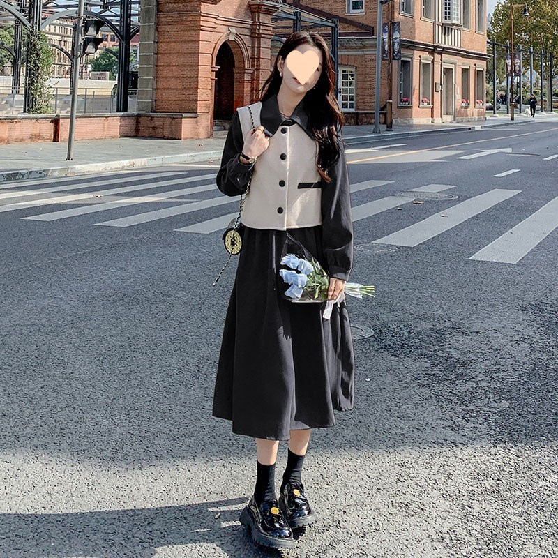 今年流行连衣裙套装女春秋2025年新款外穿长袖裙子轻熟马甲两件套|undefined