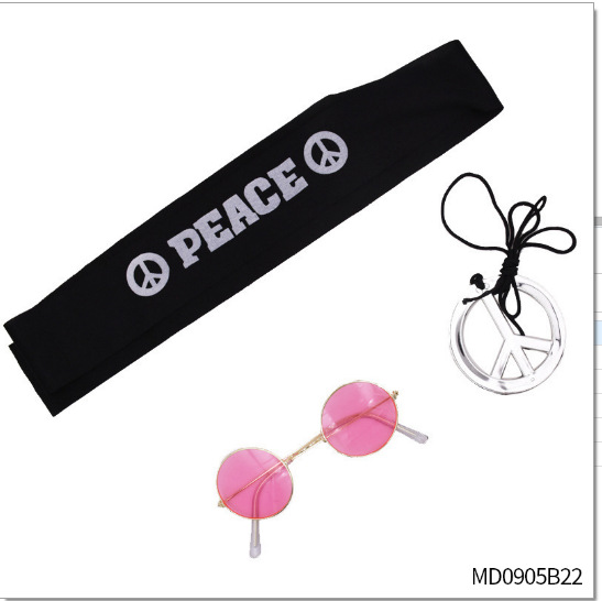 Accesorios de vestir hippies de la década de 1960, diadema de girasol, gafas redondas, conjunto de aretes de collar de talismán de paz