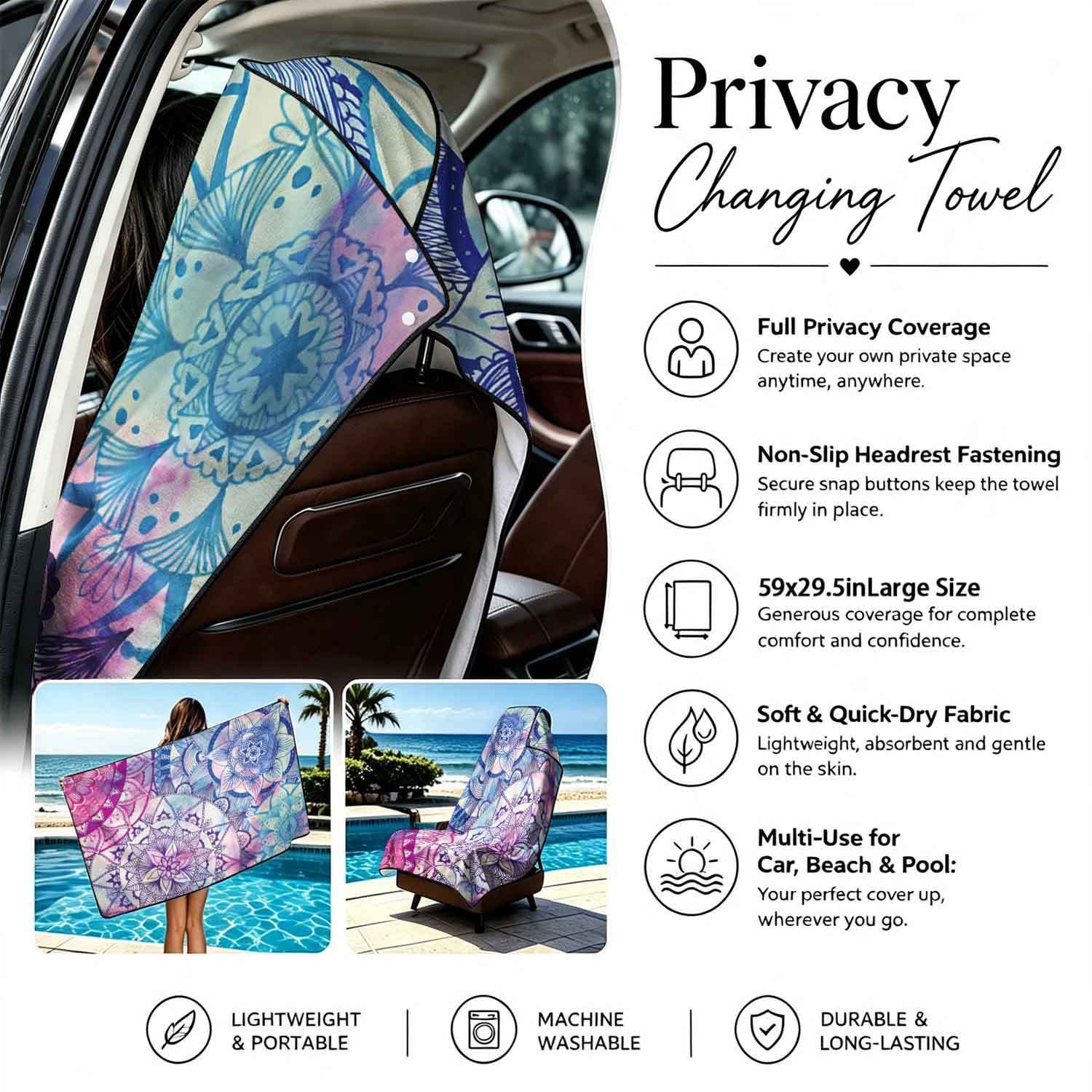 Printed bath towel and car seat cover 2-in-1, ultra-fine fiber outdoor beach and car dual-use universal seat cushion