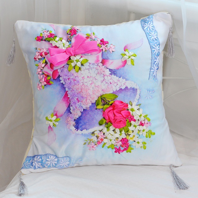 Oujin fábrica cinta de seda bordado almohada cojín cubierta sala de estar dormitorio flor tridimensional hecho a mano DIY punto de cruz entrega de una sola pieza