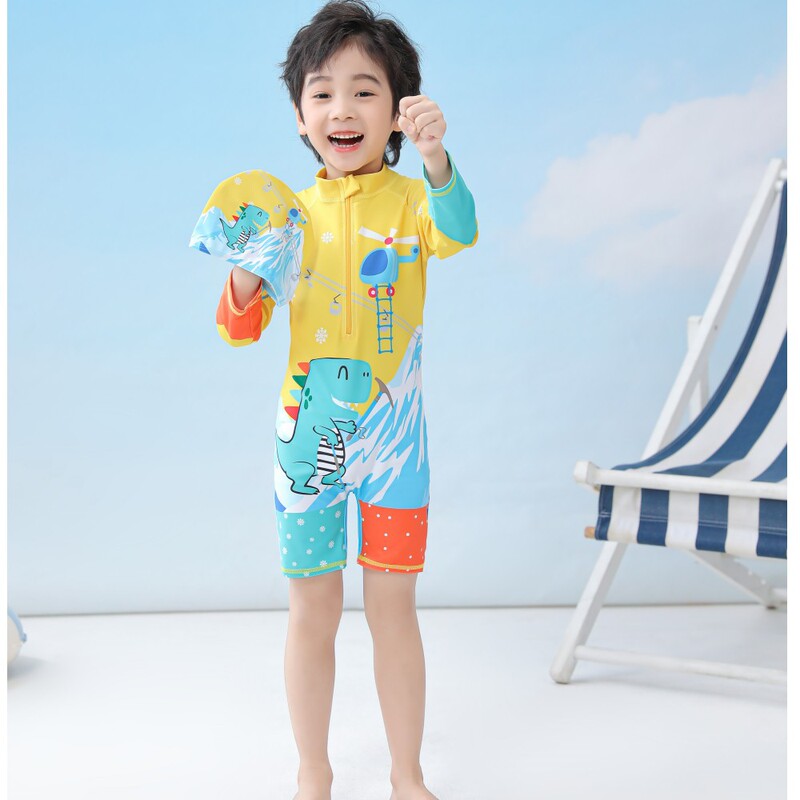 New Children's Swimsuit Boys' One-Piece Cartoon Cute Dinosaur Swimsuit Long-Sleeved Sun Protection Beach Surfing Suit Swimsuit