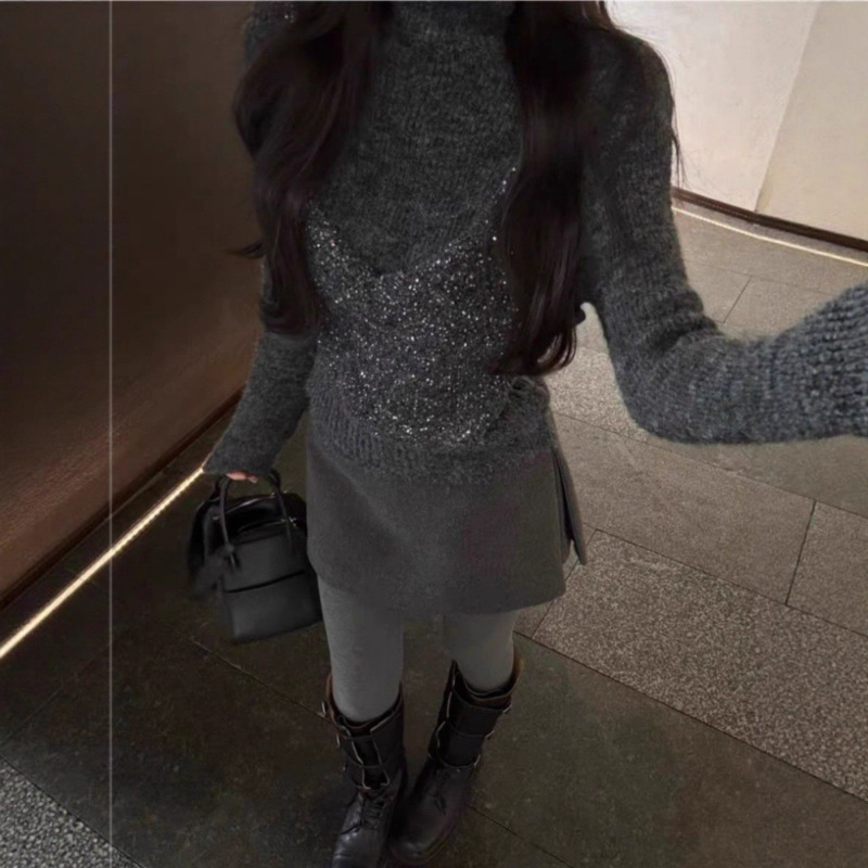 YS法式亮片假两件半高领毛衣女2025秋冬时尚百搭针织衫长袖上衣|undefined