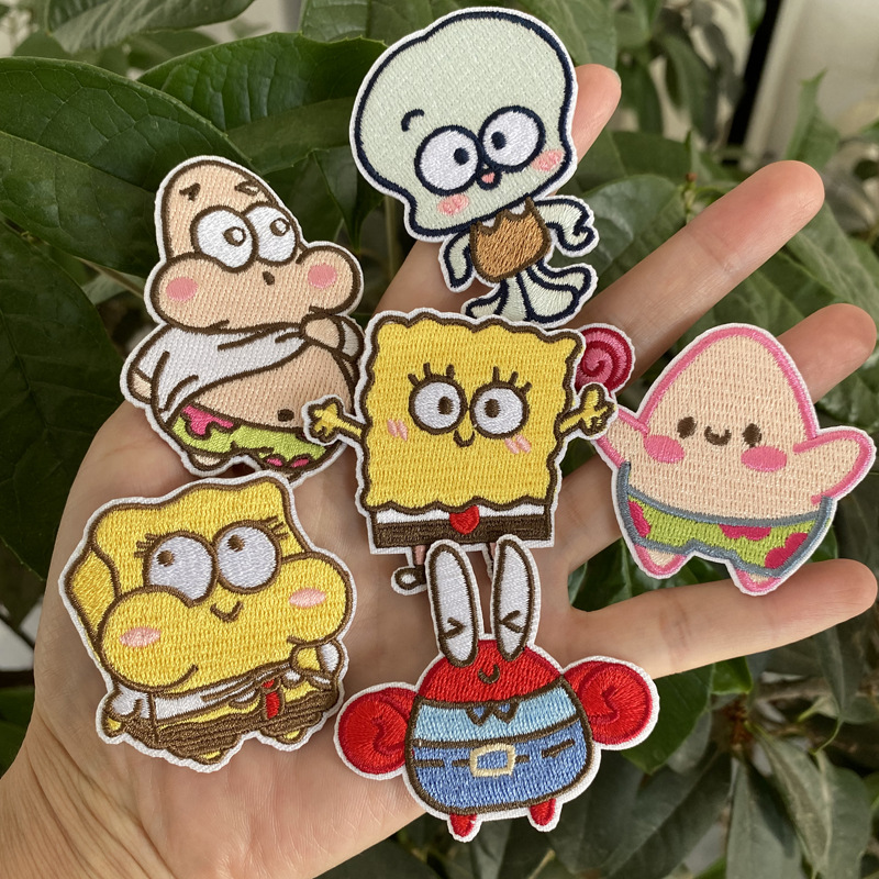 自粘款卡通刺绣海绵宝宝派大星布贴衣服包包装饰贴花破洞补丁贴