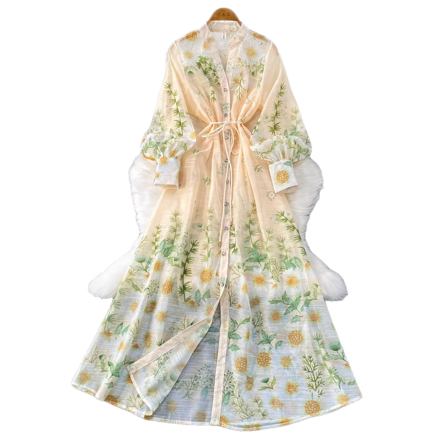 Women's Retro Print V-Neck Dress Lantern Sleeve Single-Breasted Tie Waist Elegant Long Dress For Spring/Autumn Casual Chic_ecoleips.com