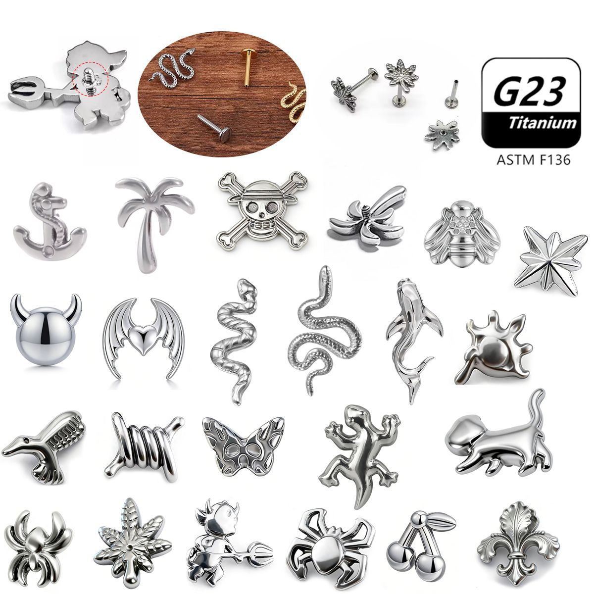 F136钛合金耳钉唇钉耳骨钉猫咪蝴蝶饰品头个性朋克风内牙唇钉配件