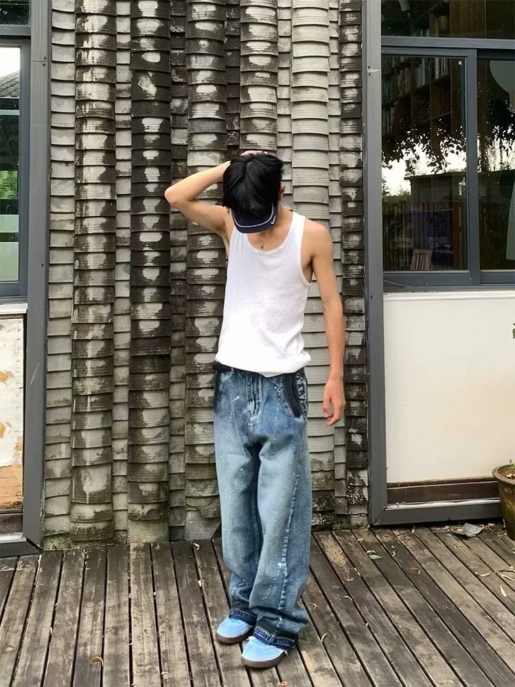 Men's Oversized Relaxed Fit Jeans Streetwear Splatter Wash Vintage Blue Paint Effect Denim (XS-3XL)_mkmklike.com