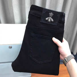 抖音同款秋季新款九分牛仔裤男厚款纯黑色高端潮流弹力小脚休闲裤