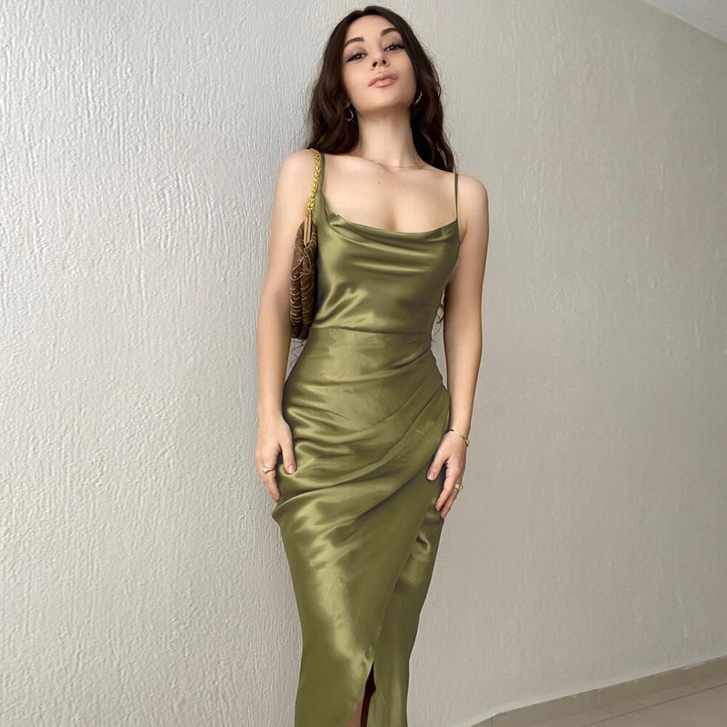 Frau Trägerkleid Sexy U-ausschnitt Schlitz Rückenfrei Ärmellos Einfarbig Maxi Langes Kleid Gruppe display picture 1