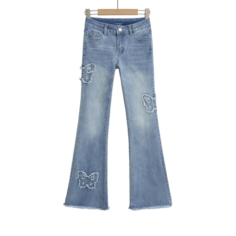 American Retro Raw Edge Jeans, Bootcut Pants, 2025 New Low-Waist Washed Distressed Butterfly Decorative Flared Pants