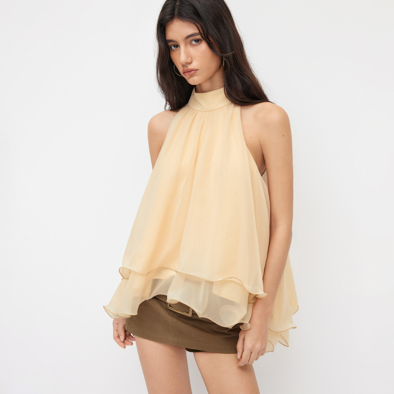 Cross-Border Trade Hot-Selling Halter Chiffon Blouse for Women, Sleeveless, High-End, Off-Shoulder, Loose Fit, Slimming, with Ruffled Edges and Flowing Design Cross-Border Trade Hot-Selling Halter Chiffon Blouse for Women, Sleeveless, High-End, Off-Shoulder, Loose Fit, Slimming, with Ruffled Edges and Flowing Design