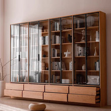 北欧日式客厅图书馆满墙书柜书架实木定制樱桃木橡木黑胡桃玻璃门