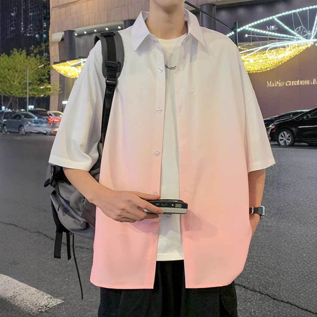 Ice Silk Short-Sleeved Shirt Men's Summer New Loose Casual Gradient Shirt Boys Teenagers Summer Jacket Trendy