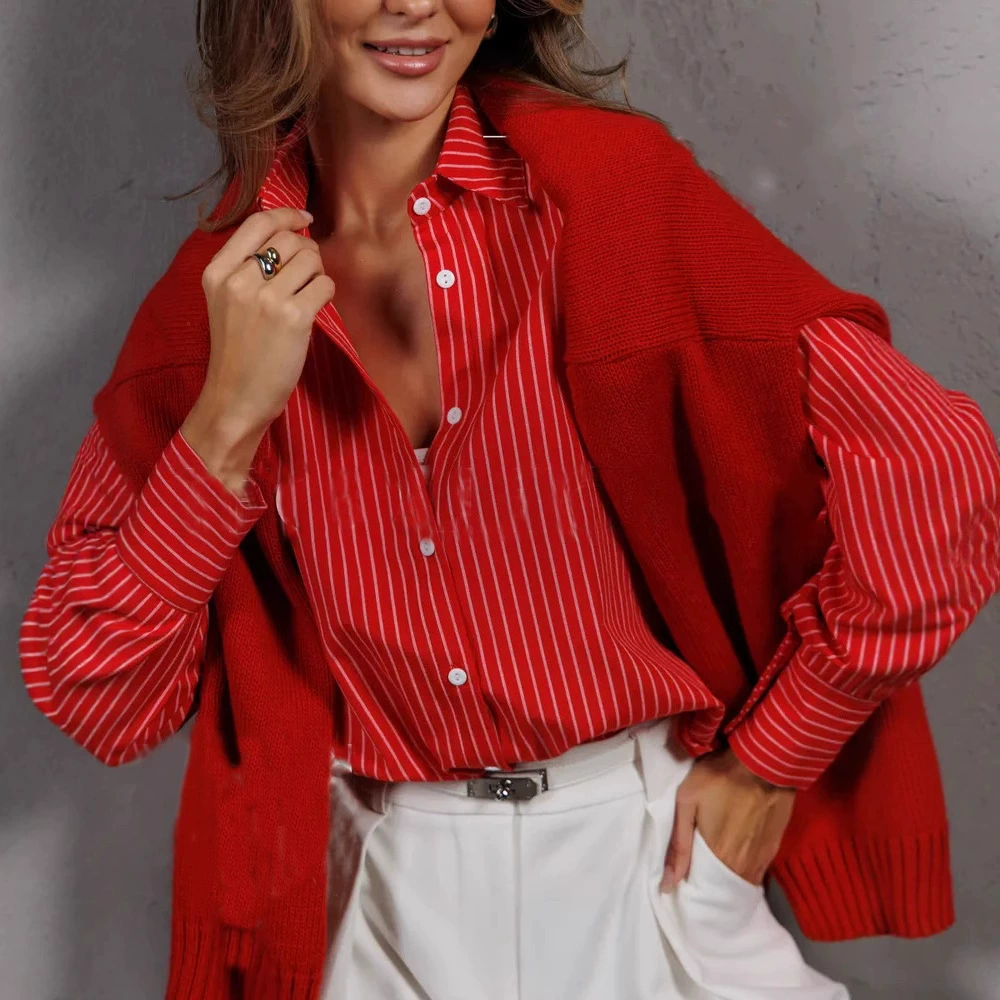 Европейская и американская экспортная женская одежда 2024, новые свободные женские рубашки в полоску большого размера, рабочие рубашки, повседневные рубашки с длинными рукавами