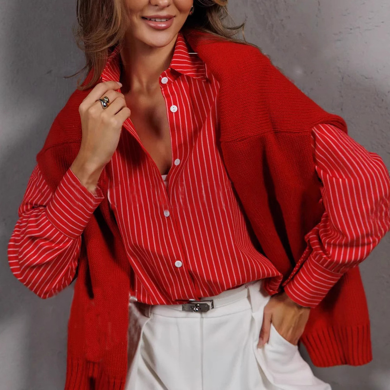 European and American Foreign Trade Women's Clothing 2026 New Loose Plus-Size Striped Women's Shirts Work Shirts Casual Long-Sleeved Shirts