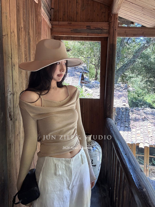 假两件上衣设计感荡领打底衫秋季新款修身显瘦短款吊带长袖T恤女|undefined